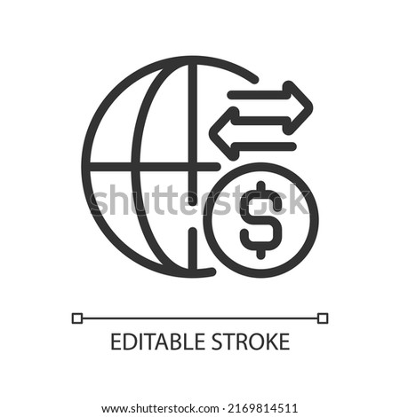 International money transfer pixel perfect linear icon. Get paid from another country. Payment method. Thin line illustration. Contour symbol. Vector outline drawing. Editable stroke. Arial font used