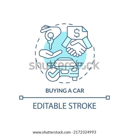 Buying car turquoise concept icon. Life skill abstract idea thin line illustration. Purchasing vehicle. Car dealership. Isolated outline drawing. Editable stroke. Arial, Myriad Pro-Bold fonts used