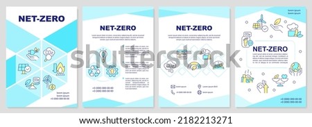 Net zero blue brochure template. Carbon removal technology. Leaflet design with linear icons. Editable 4 vector layouts for presentation, annual reports. Arial-Black, Myriad Pro-Regular fonts used