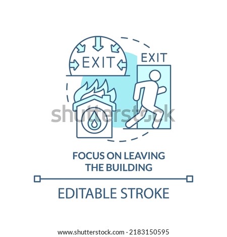 Focus on leaving building turquoise concept icon. Survive fire abstract idea thin line illustration. Move to nearest exit. Isolated outline drawing. Editable stroke. Arial, Myriad Pro-Bold fonts used