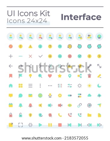 Comprehensible and simple looking flat color ui icons set. System settings. Music player. Contacts. GUI, UX design for mobile app. Vector isolated RGB pictograms. Montserrat Bold, Light fonts used