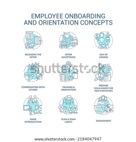 Employee onboarding and orientation turquoise concept icons set. Hiring company staff idea thin line color illustrations. Isolated symbols. Editable stroke. Roboto-Medium, Myriad Pro-Bold fonts used