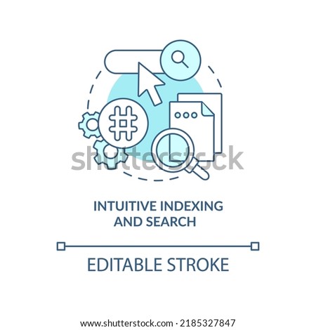 Intuitive indexing and search turquoise concept icon. Content management feature abstract idea thin line illustration. Isolated outline drawing. Editable stroke. Arial, Myriad Pro-Bold fonts used