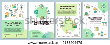 Transition to net zero green brochure template. Technology. Leaflet design with linear icons. Editable 4 vector layouts for presentation, annual reports. Arial-Bold, Myriad Pro-Regular fonts used