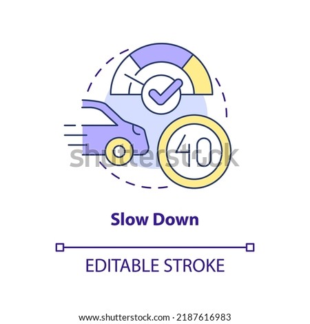 Slow down concept icon. Adjust your speed at night. Driving safety at night abstract idea thin line illustration. Isolated outline drawing. Editable stroke. Arial, Myriad Pro-Bold fonts used