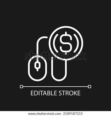 Pay per click pixel perfect white linear icon for dark theme. PPC. Affiliate program. Online advertising. Thin line illustration. Isolated symbol for night mode. Editable stroke. Arial font used