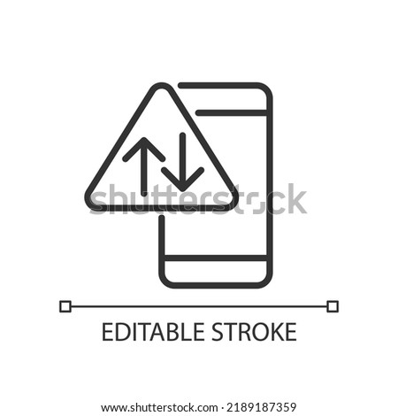 Data usage warning pixel perfect linear icon. Mobile internet service issue. Download and upload data. Thin line illustration. Contour symbol. Vector outline drawing. Editable stroke. Arial font used