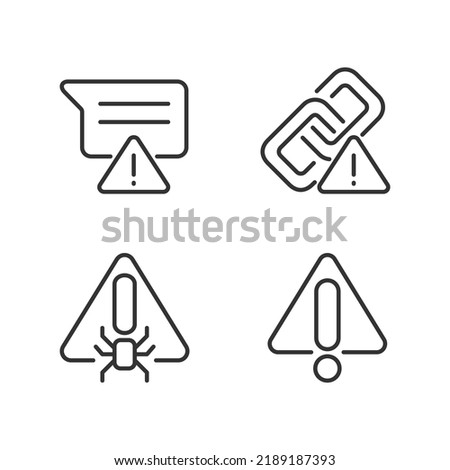 Computer problems pixel perfect linear icons set. Virus danger. Warning. Hyperlink issue. Message is not sent. Customizable thin line symbols. Isolated vector outline illustrations. Editable stroke