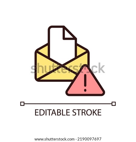 Email warning pixel perfect RGB color icon. Send and receive digital letter. Online interaction failure. Isolated vector illustration. Simple filled line drawing. Editable stroke. Arial font used