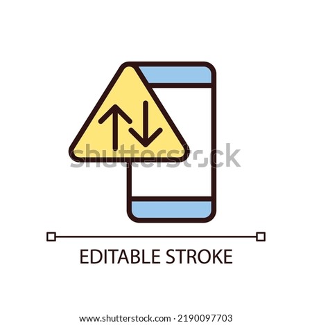 Data usage warning pixel perfect RGB color icon. Mobile internet service issue. Download and upload data. Isolated vector illustration. Simple filled line drawing. Editable stroke. Arial font used