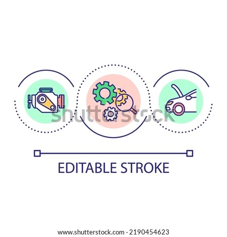 Vehicle inspection loop concept icon. Car travel preparation. Examine car before roadtrip abstract idea thin line illustration. Isolated outline drawing. Editable stroke. Arial font used