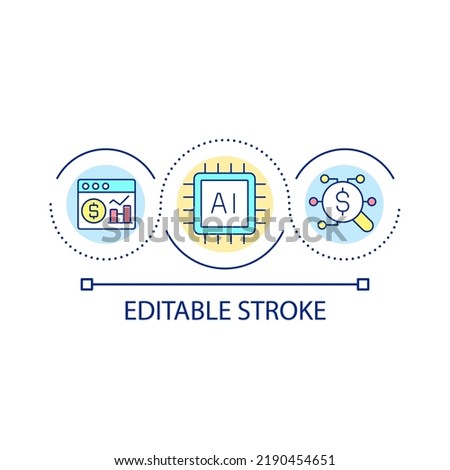 AI in market research loop concept icon. Increasing revenue with artificial intelligence usage abstract idea thin line illustration. Isolated outline drawing. Editable stroke. Arial font used