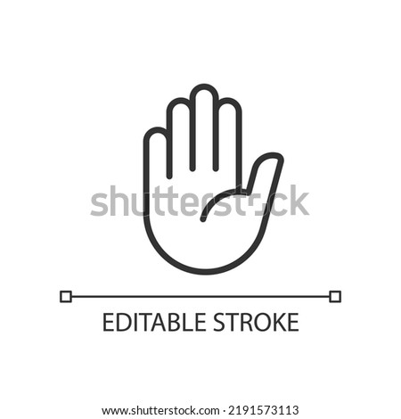 Stop gesture pixel perfect linear icon. Prohibition and restriction. Body language. Thin line illustration. Contour symbol. Vector outline drawing. Editable stroke. Arial font used