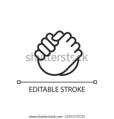 Friendly handshake pixel perfect linear icon. Joining hands. Buddies greeting gesture. Thin line illustration. Contour symbol. Vector outline drawing. Editable stroke. Arial font used