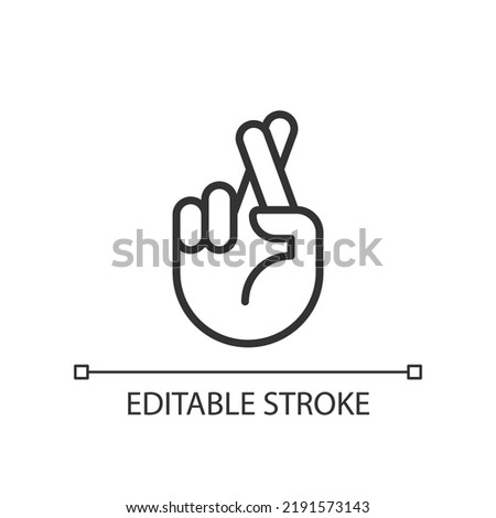 Crossed fingers pixel perfect linear icon. Wishing and hope. Hand gesture. Superstitions. Thin line illustration. Contour symbol. Vector outline drawing. Editable stroke. Arial font used