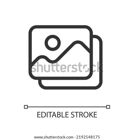 Set of pictures pixel perfect linear ui icon. Digital photo library. Multimedia management. GUI, UX design. Outline isolated user interface element for app and web. Editable stroke. Arial font used