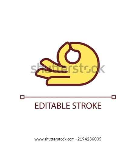 Meditation mudra pixel perfect RGB color icon. Touching thumb and index fingers. Body language. Isolated vector illustration. Simple filled line drawing. Editable stroke. Arial font used