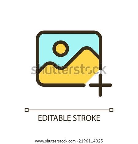 Add picture pixel perfect RGB color ui icon. Upload image. Digital photos. Simple filled line element. GUI, UX design for mobile app. Vector isolated pictogram. Editable stroke. Arial font used