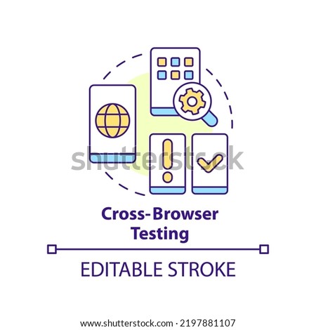 Cross browser testing concept icon. Different browsers. Mobile first design testing abstract idea thin line illustration. Isolated outline drawing. Editable stroke. Arial, Myriad Pro-Bold fonts used