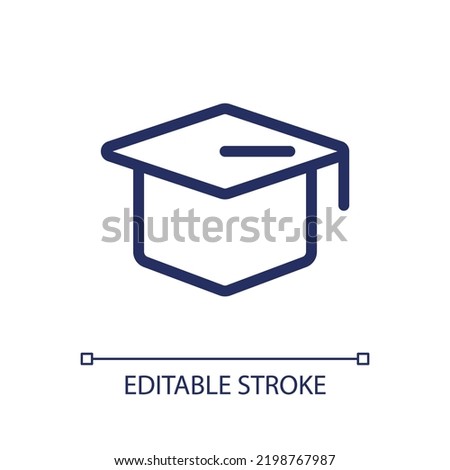 Mortarboard hat pixel perfect linear ui icon. Square bachelor graduation cap. Academic attire. GUI, UX design. Outline isolated user interface element for app and web. Editable stroke. Arial font used