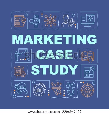 Marketing case study word concepts dark blue banner. Business. Infographics with editable icons on color background. Isolated typography. Vector illustration with text. Arial-Black font used