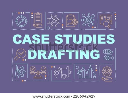 Case studies drafting word concepts dark purple banner. Complementation. Infographics with editable icons on color background. Isolated typography. Vector illustration with text. Arial-Black font used