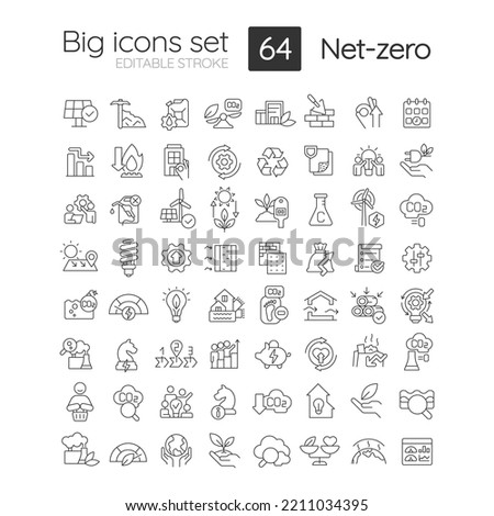 Net zero strategies linear icons set. Carbon footprints. Environment protection. Customizable thin line symbols. Isolated vector outline illustrations. Editable stroke. Quicksand-Light font used