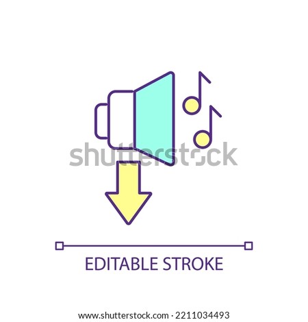 Volume off RGB color icon. Playing music. Mute sound. Media player interface. Sound control. Isolated vector illustration. Simple filled line drawing. Editable stroke. Arial font used