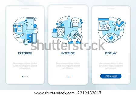 Visual sense in retail experience blue onboarding mobile app screen. Walkthrough 3 steps editable graphic instructions with linear concepts. UI, UX, GUI template. Myriad Pro-Bold, Regular fonts used