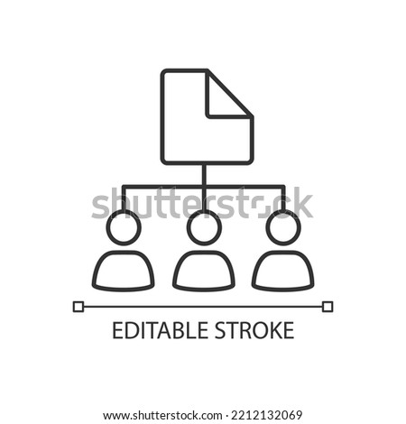 Sharing file with different users linear icon. Access to document for multiple accounts. Permissions. Thin line illustration. Contour symbol. Vector outline drawing. Editable stroke. Arial font used