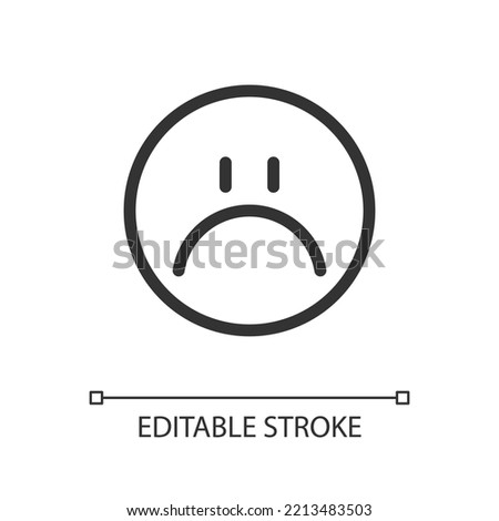 Sad emoji pixel perfect linear ui icon. Feelings expression. Feedback. Unsatisfied client. GUI, UX design. Outline isolated user interface element for app and web. Editable stroke. Arial font used