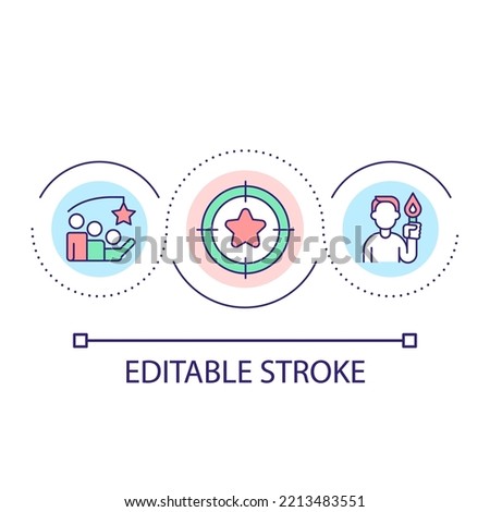 Achieve team goal with good leader loop concept icon. Visualization practice abstract idea thin line illustration. Goal focused motivation. Isolated outline drawing. Editable stroke. Arial font used