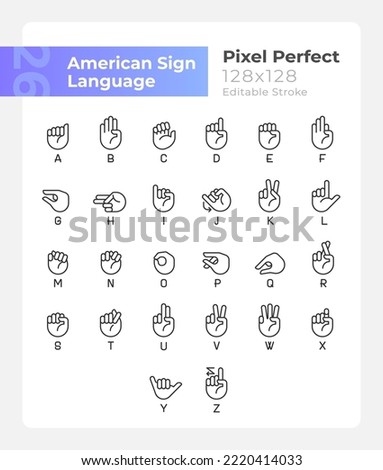 Letters in American sign language pixel perfect linear icons set. Customizable thin line symbols. Isolated vector outline illustrations. Editable stroke. Montserrat Bold, Light fonts used