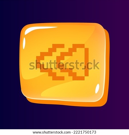 Player control glossy ui button with pixelated icon. Fast backwards. Editable 8bit graphic element on shiny square shape. Isolated vector user interface image for web, mobile. Retro style game design