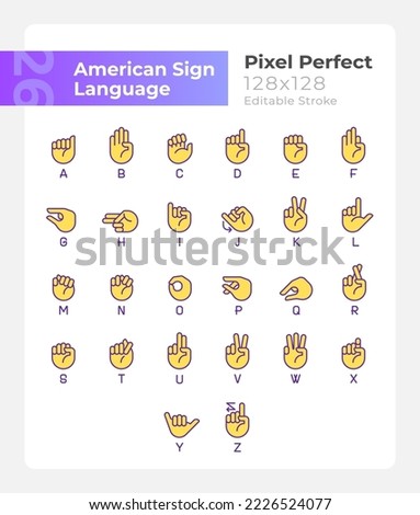 Letters in American sign language pixel perfect RGB color icons set. Isolated vector illustrations. Simple filled line drawings collection. Editable stroke. Montserrat Bold, Light fonts used