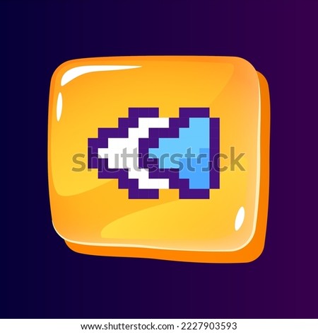 Player control glossy ui button with pixelated color icon. Fast backwards. Technology. Editable 8bit graphic element on shiny glass rectangle shape. Isolated image for arcade, video game design