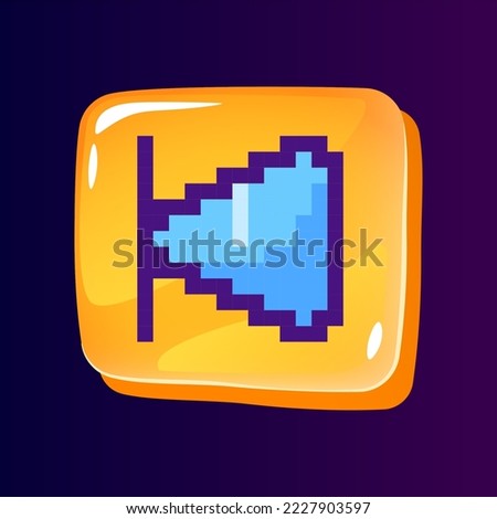 Backward rewind glossy ui button with pixelated color icon. Player control panel. Editable 8bit graphic element on shiny glass rectangle shape. Isolated image for arcade, video game design