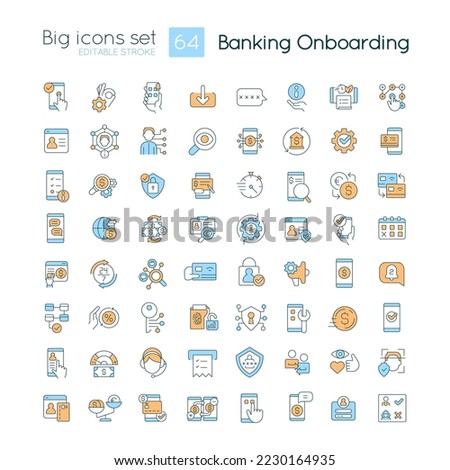 Banking onboarding RGB color big icons set. Customer experience. Account opening. Isolated vector illustrations. Simple filled line drawings collection. Editable stroke. Quicksand-Light font used