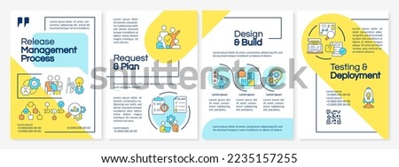 Software release management process blue and yellow brochure template. Leaflet design with linear icons. Editable 4 vector layouts for presentation, annual reports. Questrial, Lato-Regular fonts used