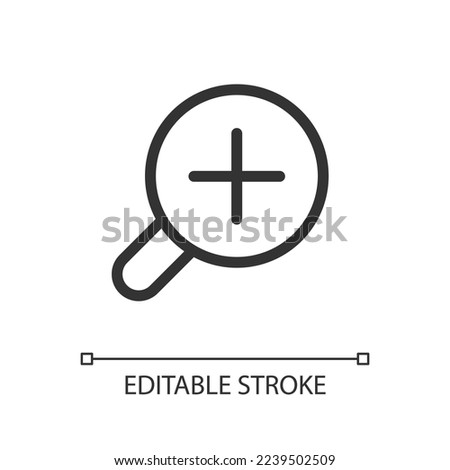 Magnifying glass with plus for map pixel perfect linear ui icon. Magnifier tool. Zoom in text. GUI, UX design. Outline isolated user interface element for app and web. Editable stroke. Arial font used