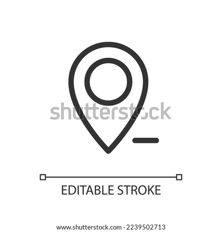 Remove pin from map pixel perfect linear ui icon. Unpin location. Delete GPS destination. GUI, UX design. Outline isolated user interface element for app and web. Editable stroke. Arial font used