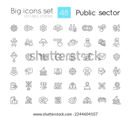 Public sector linear icons set. Services and enterprises. Government digital transformation. Administration. Customizable thin line symbols. Isolated vector outline illustrations. Editable stroke