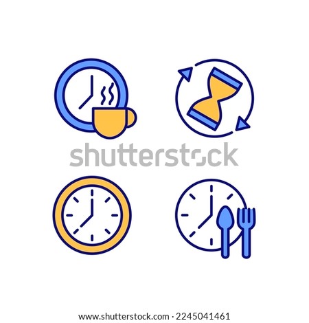 Managing time efficiently pixel perfect RGB color icons set. Rotating sandglass. Break period. Clock face. Isolated vector illustrations. Simple filled line drawings collection. Editable stroke