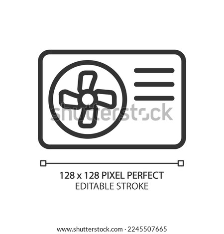Air source heat pump pixel perfect linear icon. Heating and cooling appliance. Device for home and office. Thin line illustration. Contour symbol. Vector outline drawing. Editable stroke