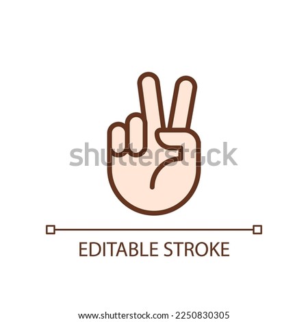 Peace sign pixel perfect RGB color icon. Pacifistic hand gesture. Positive wish. Communication. Isolated vector illustration. Simple filled line drawing. Editable stroke. Arial font used