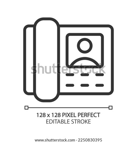 Door phone pixel perfect linear icon. Guest and resident communication. Intercom appliance. Video device. Thin line illustration. Contour symbol. Vector outline drawing. Editable stroke