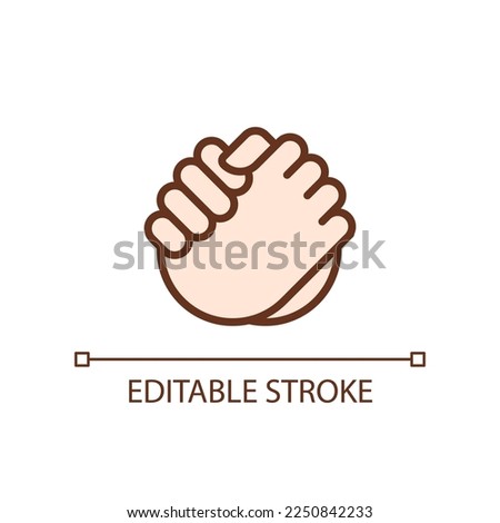 Friendly handshake pixel perfect RGB color icon. Joining hands. Buddies greeting gesture. Isolated vector illustration. Simple filled line drawing. Editable stroke. Arial font used