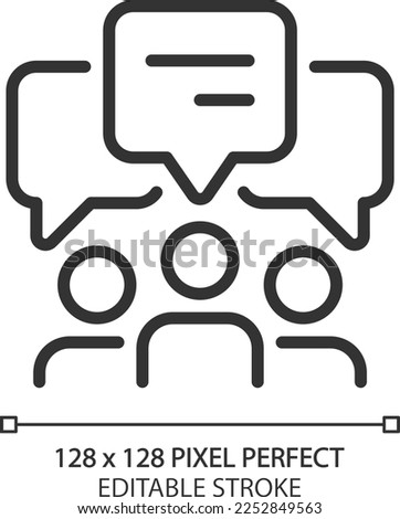 Group discussion pixel perfect linear icon. Speech balloons over people crowd. Effective communication process. Thin line illustration. Contour symbol. Vector outline drawing. Editable stroke