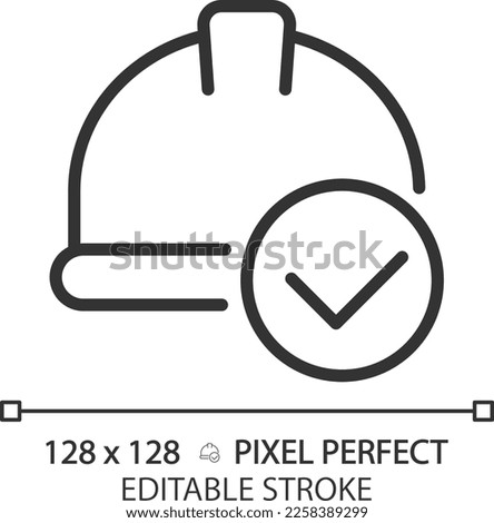 Hard hat with check mark pixel perfect linear icon. Safety equipment for construction site. Laborer protective helmet. Thin line illustration. Contour symbol. Vector outline drawing. Editable stroke