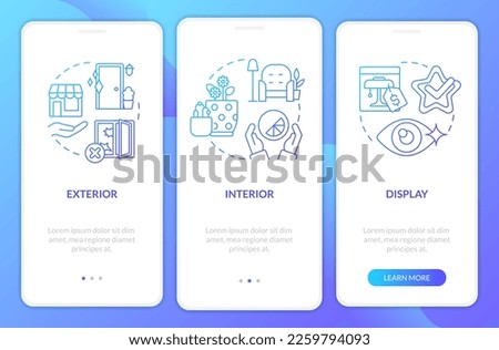 Visualization in retail marketing blue gradient onboarding mobile app screen. Walkthrough 3 steps graphic instructions with linear concepts. UI, UX, GUI template. Myriad Pro-Bold, Regular fonts used